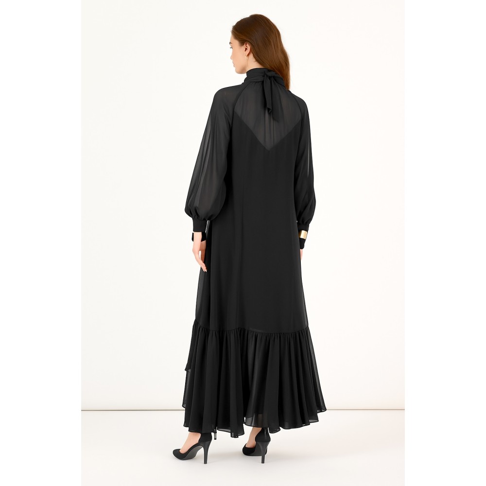 ΦΟΡΕΜΑ ΜΑΥΡΟ ΜΑΚΡΥ, ΗΜΙΔΙΑΦΑΝΟ, ΜΕ ΠΛΟΥΣΙΟ ΚΑΙ ΑΣΥΜΜΕΤΡΟ ΒΟΛΑΝ, ΨΗΛΟ ΛΑΙΜΟ ΚΑΙ ΧΡΥΣΑ ΒΡΑΧΙΟΛΙΑ  " STYLISHIOUS COLLECTION "