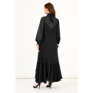 ΦΟΡΕΜΑ ΜΑΥΡΟ ΜΑΚΡΥ, ΗΜΙΔΙΑΦΑΝΟ, ΜΕ ΠΛΟΥΣΙΟ ΚΑΙ ΑΣΥΜΜΕΤΡΟ ΒΟΛΑΝ, ΨΗΛΟ ΛΑΙΜΟ ΚΑΙ ΧΡΥΣΑ ΒΡΑΧΙΟΛΙΑ  " STYLISHIOUS COLLECTION "