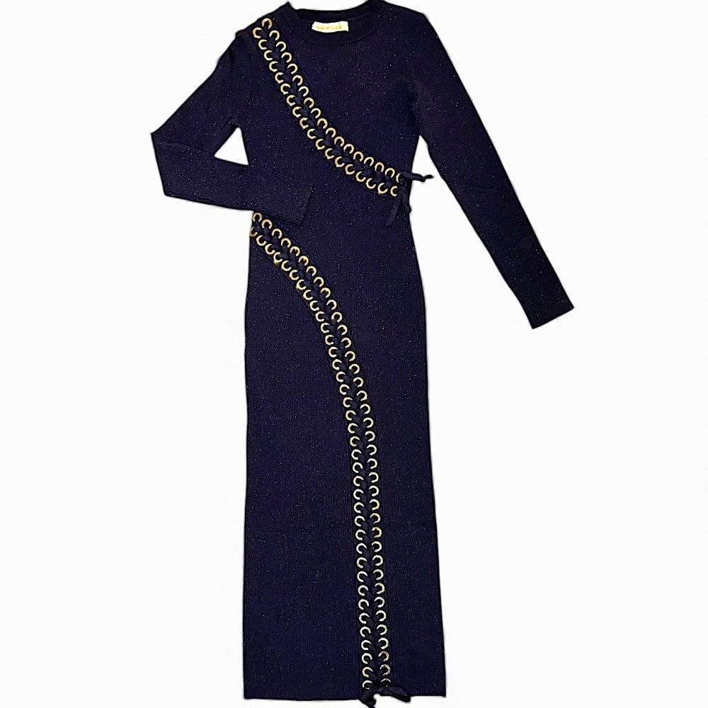 ΦΟΡΕΜΑ ΠΛΕΧΤΟ ΣΚΟΥΡΟ ΜΠΛΕ, ΜΑΚΡΥ ΜΕ ΜΕΤΑΛΛΙΖΕ ΙΝΑ, ΧΡΥΣΑ ΤΡΟΥΚ ΚΑΙ ΑΣΟΡΤΙ ΧΙΑΣΤΙ ΚΟΡΔΟΝΙΑ "STYLISHIOUS COLLECTION"