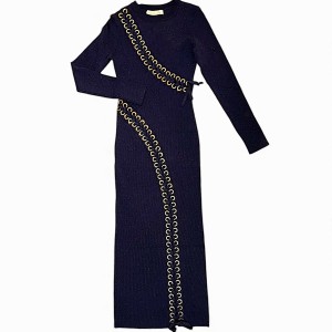 ΦΟΡΕΜΑ ΠΛΕΧΤΟ ΣΚΟΥΡΟ ΜΠΛΕ, ΜΑΚΡΥ ΜΕ ΜΕΤΑΛΛΙΖΕ ΙΝΑ, ΧΡΥΣΑ ΤΡΟΥΚ ΚΑΙ ΑΣΟΡΤΙ ΧΙΑΣΤΙ ΚΟΡΔΟΝΙΑ "STYLISHIOUS COLLECTION"