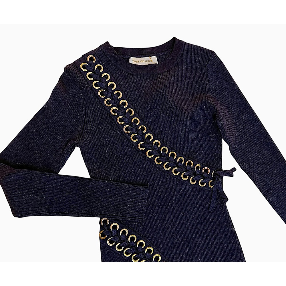 ΦΟΡΕΜΑ ΠΛΕΧΤΟ ΣΚΟΥΡΟ ΜΠΛΕ, ΜΑΚΡΥ ΜΕ ΜΕΤΑΛΛΙΖΕ ΙΝΑ, ΧΡΥΣΑ ΤΡΟΥΚ ΚΑΙ ΑΣΟΡΤΙ ΧΙΑΣΤΙ ΚΟΡΔΟΝΙΑ "STYLISHIOUS COLLECTION"