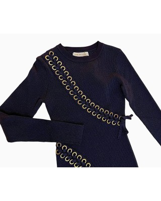 ΦΟΡΕΜΑ ΠΛΕΧΤΟ ΣΚΟΥΡΟ ΜΠΛΕ, ΜΑΚΡΥ ΜΕ ΜΕΤΑΛΛΙΖΕ ΙΝΑ, ΧΡΥΣΑ ΤΡΟΥΚ ΚΑΙ ΑΣΟΡΤΙ ΧΙΑΣΤΙ ΚΟΡΔΟΝΙΑ "STYLISHIOUS COLLECTION"