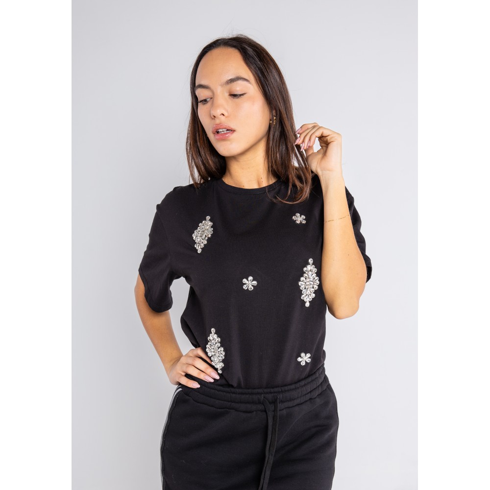 BLOUSE IN BLACK, OVERSIZED WITH CLEAR CRYSTALS EMBROIDERIES ON THE FRONT 'STYLISHIOUS COLLECTION'