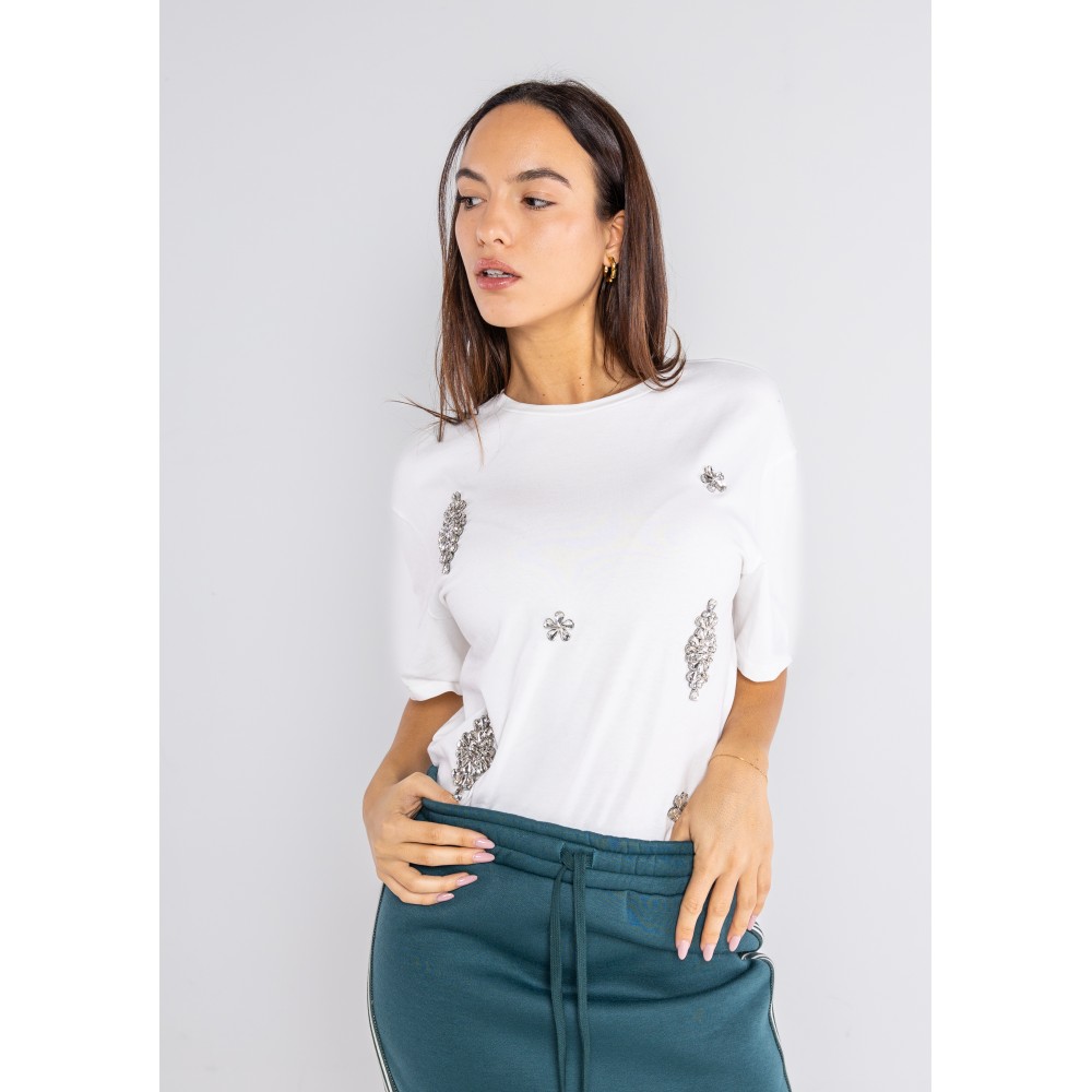 BLOUSE IN WHITE , OVERSIZED  WITH CLEAR CRYSTAL EMBROIDERIES 'STYLISHIOUS COLLECTION'