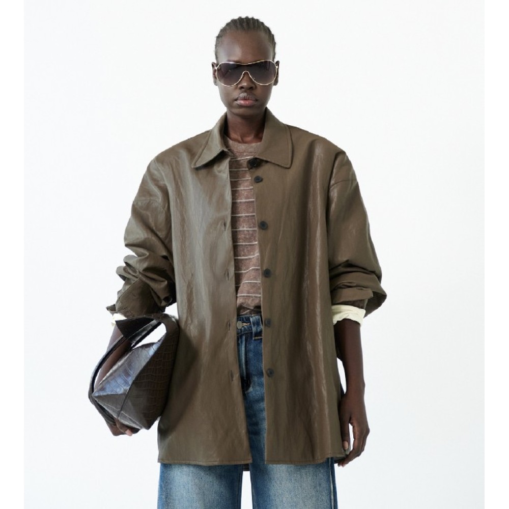 JACKET - OVERSHIRT IN BROWN-GREY SHADE, OVERSIZED IN SYNTHETIC LEATHER WITH POCKETS  "STYLISHIOUS COLLECTION "