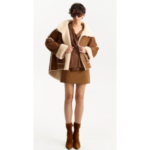 JACKET UNISEX IN SHEEPSKIN STYLE IN TAUPE, SUEDE FEEL FABRIC WITH ECO FRIENDLY FUR, OVERSIZED WITH LARGE POCKETS ”STYLISHIOUS COLLECTION”