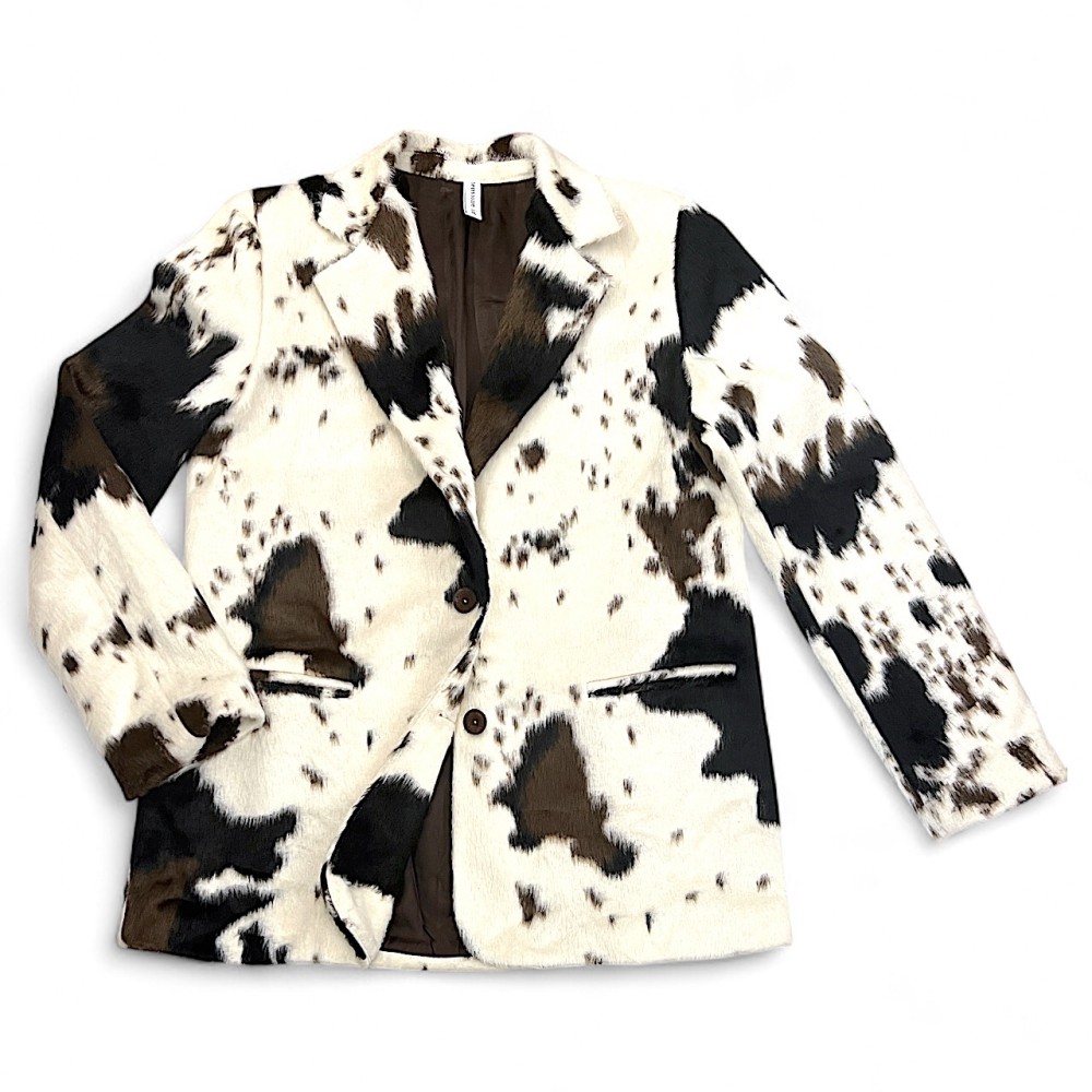 JACKET - BLAZER IN COW PRINT, OVERSIZED, SINGLE BREASTED WITH BROWN SUEDE FRINGES ON THE BACK ”ALEX KATSAITI X STYLISHIOUS”.