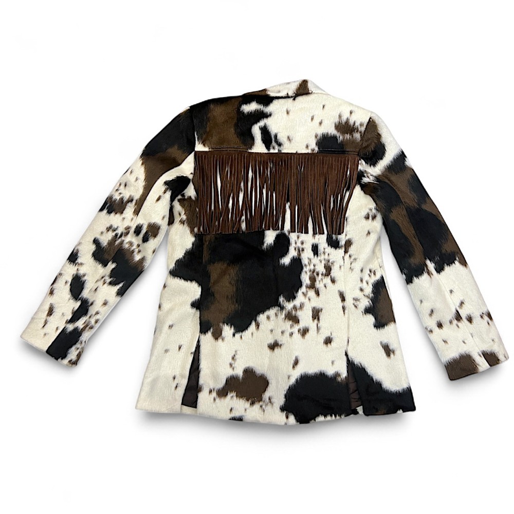JACKET - BLAZER IN COW PRINT, OVERSIZED, SINGLE BREASTED WITH BROWN SUEDE FRINGES ON THE BACK ”ALEX KATSAITI X STYLISHIOUS”.