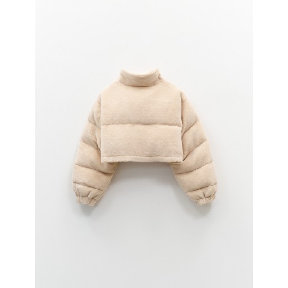 ΤΖΑΚΕΤ - ΜΠΟΥΦΑΝ ΚΟΝΤΟ, OVERSIZED ΑΠΟ ΟΙΚΟΛΟΓΙΚΗ ΙΒΟΥΑΡ ΓΟΥΝΑ ΤΥΠΟΥ ΠΡΟΒΑΤΟ, ΚΑΠΙΤΟΝΕ ΜΕ ΨΗΛΟ ΛΑΙΜΟ “STYLISHIOUS COLLECTION”