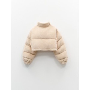 ΤΖΑΚΕΤ - ΜΠΟΥΦΑΝ ΚΟΝΤΟ, OVERSIZED ΑΠΟ ΟΙΚΟΛΟΓΙΚΗ ΙΒΟΥΑΡ ΓΟΥΝΑ ΤΥΠΟΥ ΠΡΟΒΑΤΟ, ΚΑΠΙΤΟΝΕ ΜΕ ΨΗΛΟ ΛΑΙΜΟ “STYLISHIOUS COLLECTION”