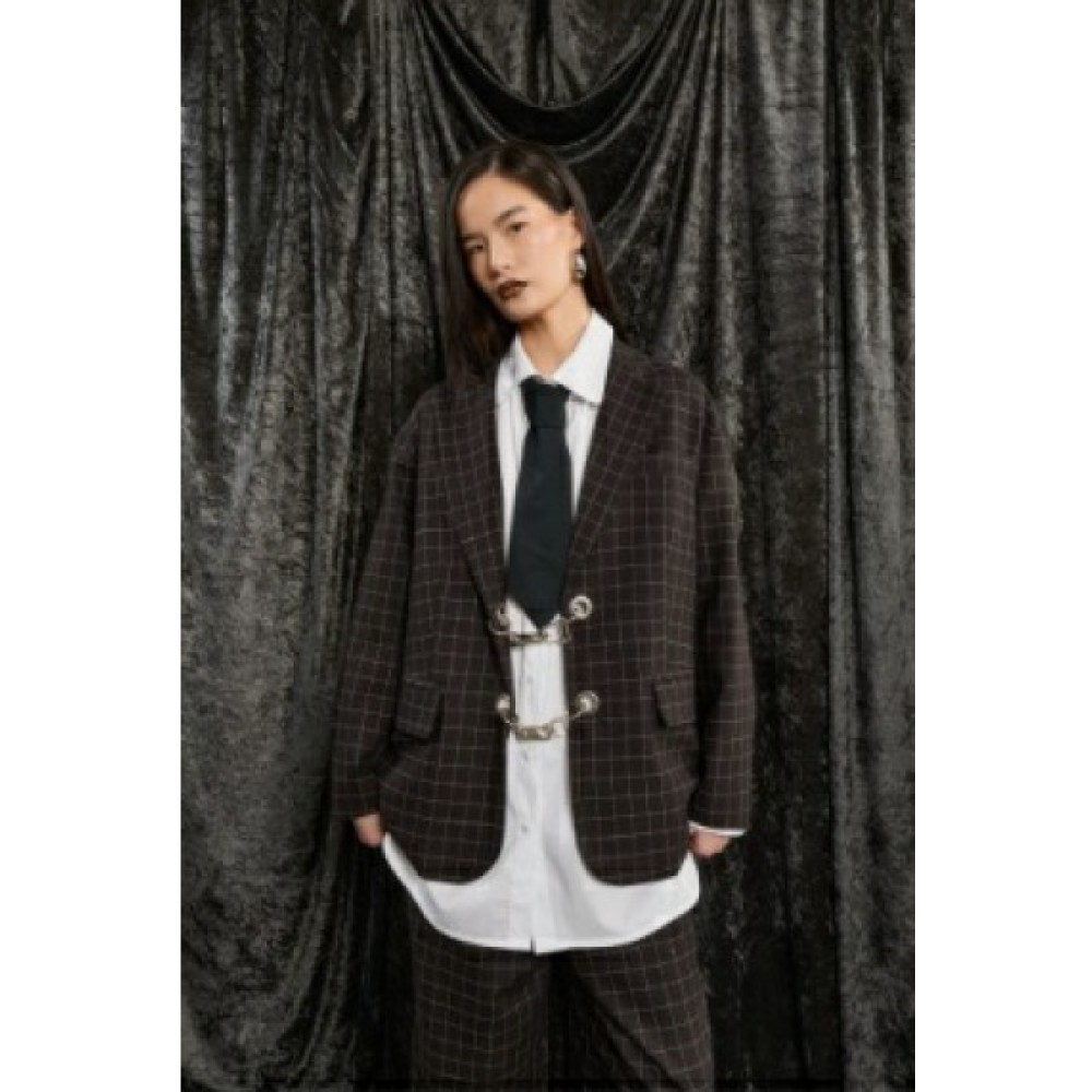 JACKET - BLAZER IN DARK BROWN PLAID FABRIC, OVERSIZED, SINGLE BREASTED WITH METALLIC SILVER, CHUNKY CLOSURE   ”ALEX KATSAITI X STYLISHIOUS”.