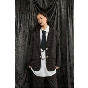 JACKET - BLAZER IN DARK BROWN PLAID FABRIC, OVERSIZED, SINGLE BREASTED WITH METALLIC SILVER, CHUNKY CLOSURE   ”ALEX KATSAITI X STYLISHIOUS”.