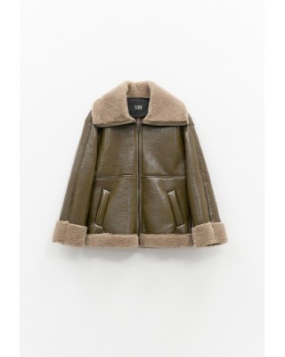 JACKET IN OLIVE GREEN VINYL, OVERSIZED WITH BROWN - GREY, SHEEPSKIN STYLE, ECO FRIENDLY FUR LINING  ”STYLISHIOUS COLLECTION”