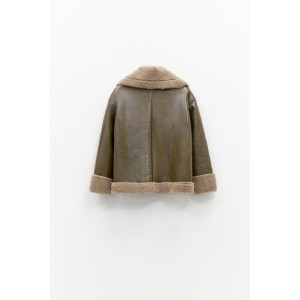 JACKET IN OLIVE GREEN VINYL, OVERSIZED WITH BROWN - GREY, SHEEPSKIN STYLE, ECO FRIENDLY FUR LINING  ”STYLISHIOUS COLLECTION”