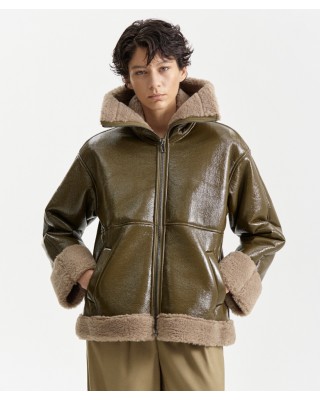 JACKET IN OLIVE GREEN VINYL, OVERSIZED WITH BROWN - GREY, SHEEPSKIN STYLE, ECO FRIENDLY FUR LINING  ”STYLISHIOUS COLLECTION”