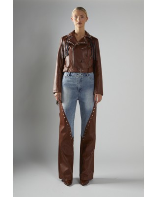 JACKET IN TAUPE ECO-LEATHER, CROPPED IN BIKER STYLE WITH FRINGES, BELT & METALLIC SILVER STUDS & ZIPPERS "STYLISHIOUS COLLECTION"