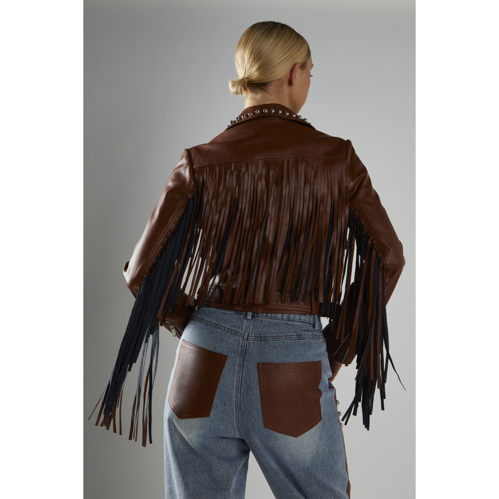 ΤΖΑΚΕΤ ΑΠΟ ΤΑΜΠΑ ΟΙΚΟΛΟΓΙΚΟ ΔΕΡΜΑ, ΚΟΝΤΟ ΣΕ ΣΤΥΛ BIKER ΜΕ ΚΡΟΣΣΙΑ, ΖΩΝΗ & ΑΣΗΜΙ ΤΡΟΥΚ " STYLISHIOUS COLLECTION"