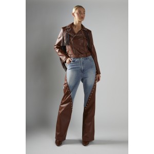 JACKET IN TAUPE ECO-LEATHER, CROPPED IN BIKER STYLE WITH FRINGES, BELT & METALLIC SILVER STUDS & ZIPPERS "STYLISHIOUS COLLECTION"