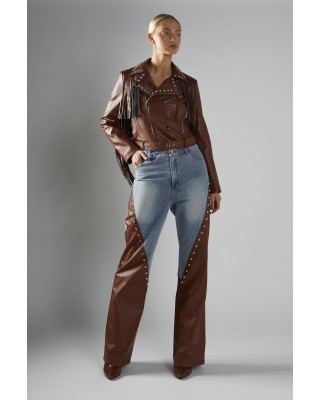 JACKET IN TAUPE ECO-LEATHER, CROPPED IN BIKER STYLE WITH FRINGES, BELT & METALLIC SILVER STUDS & ZIPPERS "STYLISHIOUS COLLECTION"