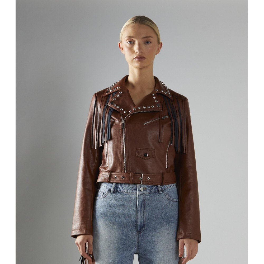 ΤΖΑΚΕΤ ΑΠΟ ΤΑΜΠΑ ΟΙΚΟΛΟΓΙΚΟ ΔΕΡΜΑ, ΚΟΝΤΟ ΣΕ ΣΤΥΛ BIKER ΜΕ ΚΡΟΣΣΙΑ, ΖΩΝΗ & ΑΣΗΜΙ ΤΡΟΥΚ " STYLISHIOUS COLLECTION"