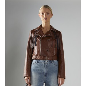 ΤΖΑΚΕΤ ΑΠΟ ΤΑΜΠΑ ΟΙΚΟΛΟΓΙΚΟ ΔΕΡΜΑ, ΚΟΝΤΟ ΣΕ ΣΤΥΛ BIKER ΜΕ ΚΡΟΣΣΙΑ, ΖΩΝΗ & ΑΣΗΜΙ ΤΡΟΥΚ " STYLISHIOUS COLLECTION"