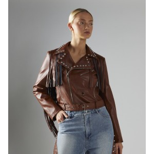 JACKET IN TAUPE ECO-LEATHER, CROPPED IN BIKER STYLE WITH FRINGES, BELT & METALLIC SILVER STUDS & ZIPPERS "STYLISHIOUS COLLECTION"