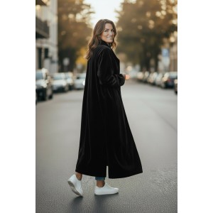 ΜΑΝΤΟ ΜΑΚΡΥ ΑΠΟ ΜΑΥΡΟ ΒΕΛΟΥΔΟ, ΣΤΑΥΡΩΤΟ ΜΕ ΑΝΟΙΓΜΑΤΑ ΣΤΟ ΠΛΑΙ & ΤΣΕΠΕΣ " STYLISHIOUS COLLECTION"