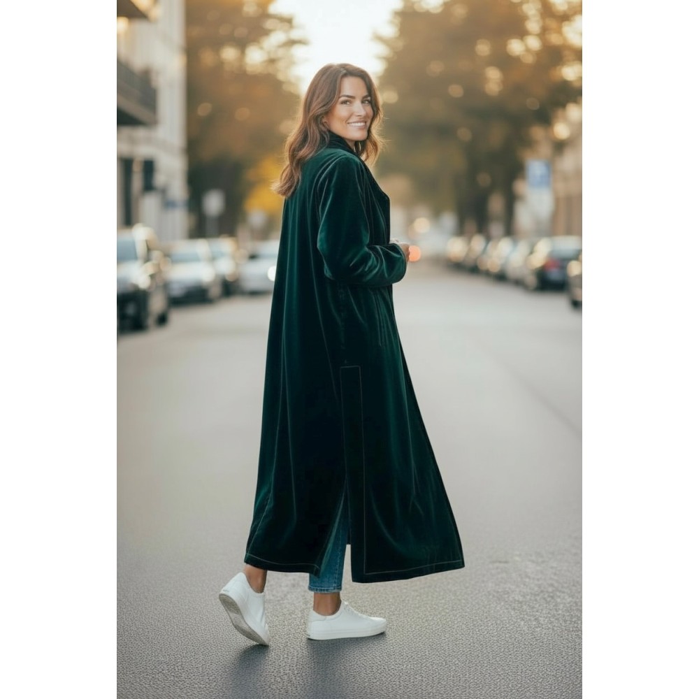 ΜΑΝΤΟ ΜΑΚΡΥ ΑΠΟ ΠΡΑΣΙΝΟ - ΣΜΑΡΑΓΔΙ ΒΕΛΟΥΔΟ, ΣΤΑΥΡΩΤΟ ΜΕ ΑΝΟΙΓΜΑΤΑ ΣΤΟ ΠΛΑΙ & ΤΣΕΠΕΣ " STYLISHIOUS COLLECTION"