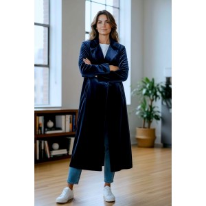 ΜΑΝΤΟ ΜΑΚΡΥ ΑΠΟ ΣΚΟΥΡΟ ΜΠΛΕ ΒΕΛΟΥΔΟ, ΣΤΑΥΡΩΤΟ ΜΕ ΑΝΟΙΓΜΑΤΑ ΣΤΟ ΠΛΑΙ & ΤΣΕΠΕΣ " STYLISHIOUS COLLECTION"