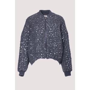 ΤΖΑΚΕΤ ΣΚΟΥΡΟ ΓΚΡΙ ΣΕ ΣΤΥΛ BALLOON ME TWEED ΠΛΕΞΗ, ΤΥΠΟΥ BOMBER, OVERSIZED ΜΕ ΓΚΡΙ ΠΑΓΙΕΤΕΣ ΜΕ ΓΚΛΙΤΕΡ ”STYLISHIOUS COLLECTION"