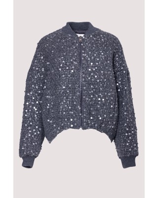 ΤΖΑΚΕΤ ΣΚΟΥΡΟ ΓΚΡΙ ΣΕ ΣΤΥΛ BALLOON ME TWEED ΠΛΕΞΗ, ΤΥΠΟΥ BOMBER, OVERSIZED ΜΕ ΓΚΡΙ ΠΑΓΙΕΤΕΣ ΜΕ ΓΚΛΙΤΕΡ ”STYLISHIOUS COLLECTION"