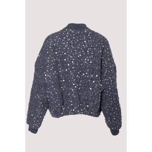 ΤΖΑΚΕΤ ΣΚΟΥΡΟ ΓΚΡΙ ΣΕ ΣΤΥΛ BALLOON ME TWEED ΠΛΕΞΗ, ΤΥΠΟΥ BOMBER, OVERSIZED ΜΕ ΓΚΡΙ ΠΑΓΙΕΤΕΣ ΜΕ ΓΚΛΙΤΕΡ ”STYLISHIOUS COLLECTION"