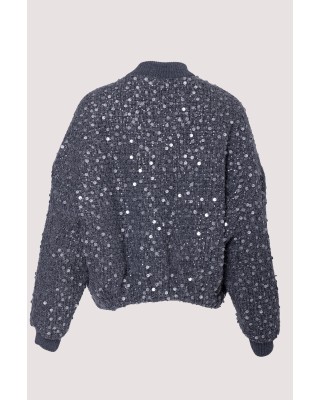 ΤΖΑΚΕΤ ΣΚΟΥΡΟ ΓΚΡΙ ΣΕ ΣΤΥΛ BALLOON ME TWEED ΠΛΕΞΗ, ΤΥΠΟΥ BOMBER, OVERSIZED ΜΕ ΓΚΡΙ ΠΑΓΙΕΤΕΣ ΜΕ ΓΚΛΙΤΕΡ ”STYLISHIOUS COLLECTION"