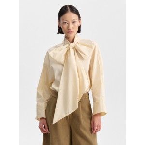 SHIRT IN IVORY SHADE SHINY COTTON FABRIC, WET STYLE, OVERSIZED WITH MOCK COLLAR WITH PUSSY BOW  "STYLISHIOUS COLLECTION"