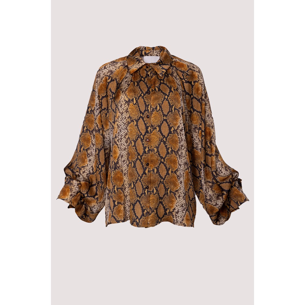 SHIRT WITH SNAKE PRINT IN EARTHY TONES, OVERSIZED WITH PUFFY SLEEVES – "STYLISHIOUS COLLECTION"