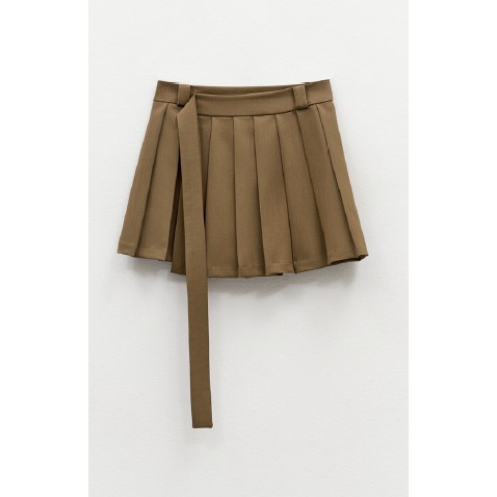 SKIRT - SHORT IN BROWN - CHAKI, WITH PLEATS ON THE FRONT & LONG BELT "STYLISHIOUS COLLECTION"