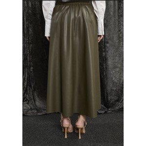 SKIRT MIDI, A-LINE IN ECO CHAKI LEATHER WITH RUBBER WAISTBAND AND POCKETS  "ALEX KATSAITI X STYLISHIOUS"