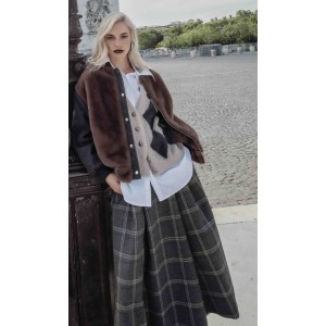 SKIRT MIDI IN PLAID GREY PRINT, FULL SKIRT IN 50'S STYLE WITH PLEATS & POCKETS  "STYLISHIOUS COLLECTION"