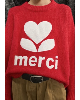 ΠΟΥΛΟΒΕΡ ΚΟΚΚΙΝΟ ΠΛΕΧΤΟ, OVERSIZED ΜΕ ΛΕΥΚΟ ΣΗΜΑ ΚΑΡΔΙΑ & LOGO " MERCI " "STYLISHIOUS COLLECTION"