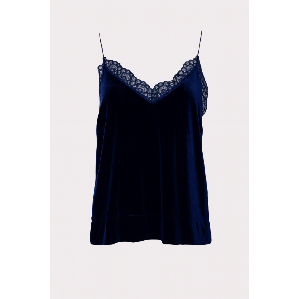 ΤΟΠ ΑΠΟ ΣΚΟΥΡΟ ΜΠΛΕ ΒΕΛΟΥΔΟ, ΣΤΥΛ LINGERIE, ΜΕ ΛΕΠΤΗ ΤΙΡΑΝΤΑ & ΛΕΠΤΟΜΕΡΕΙΑ ΑΠΟ ΔΑΝΤΕΛΑ " STYLISHIOUS COLLECTION "