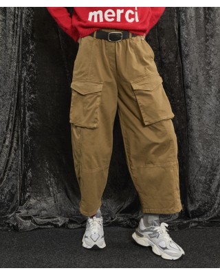 PANTS IN CAMEL SHADE, CARGO STYLE WITH EXTERIOR POCKETS, RUBBER WAISTBAND & BLACK BELT "STYLISHIOUS COLLECTION"