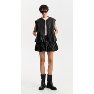 VEST IN BLACK ECO- FRIENDLY CRINKLED LEATHER, BALLOON STYLE & OVERSIZED WITH SILVER ZIPPER " STYLISHIOUS COLLECTION "