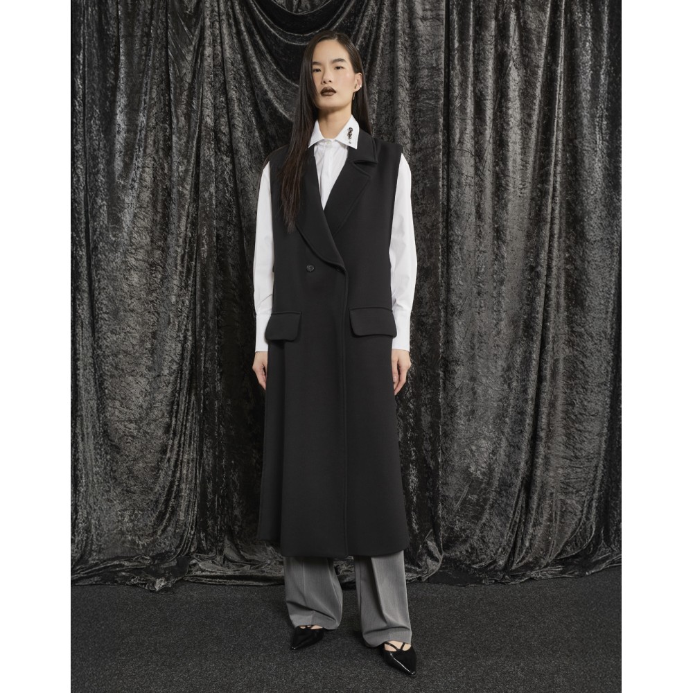 VEST BLACK, LONG & DOUBLE BREASTED WITH SHOULDER PADS, POCKETS & LARGE SILVER HOOPS  "ALEX KATSAITI X STYLISHIOUS"