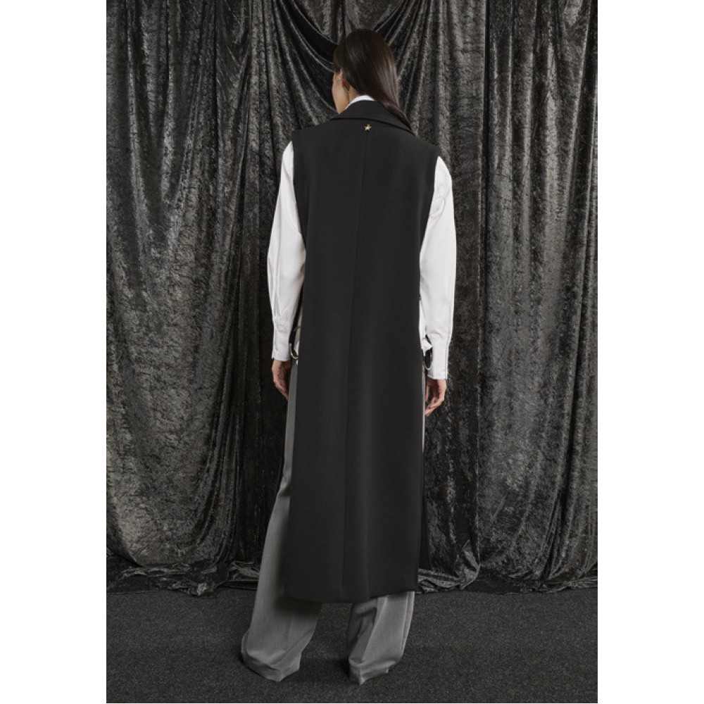 VEST BLACK, LONG & DOUBLE BREASTED WITH SHOULDER PADS, POCKETS & LARGE SILVER HOOPS  "ALEX KATSAITI X STYLISHIOUS"