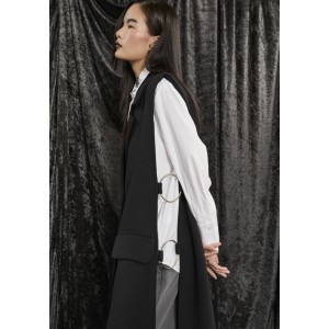 VEST BLACK, LONG & DOUBLE BREASTED WITH SHOULDER PADS, POCKETS & LARGE SILVER HOOPS  "ALEX KATSAITI X STYLISHIOUS"