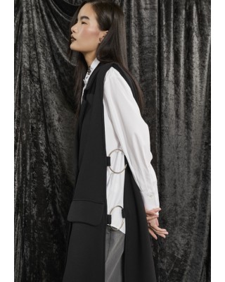 VEST BLACK, LONG & DOUBLE BREASTED WITH SHOULDER PADS, POCKETS & LARGE SILVER HOOPS  "ALEX KATSAITI X STYLISHIOUS"