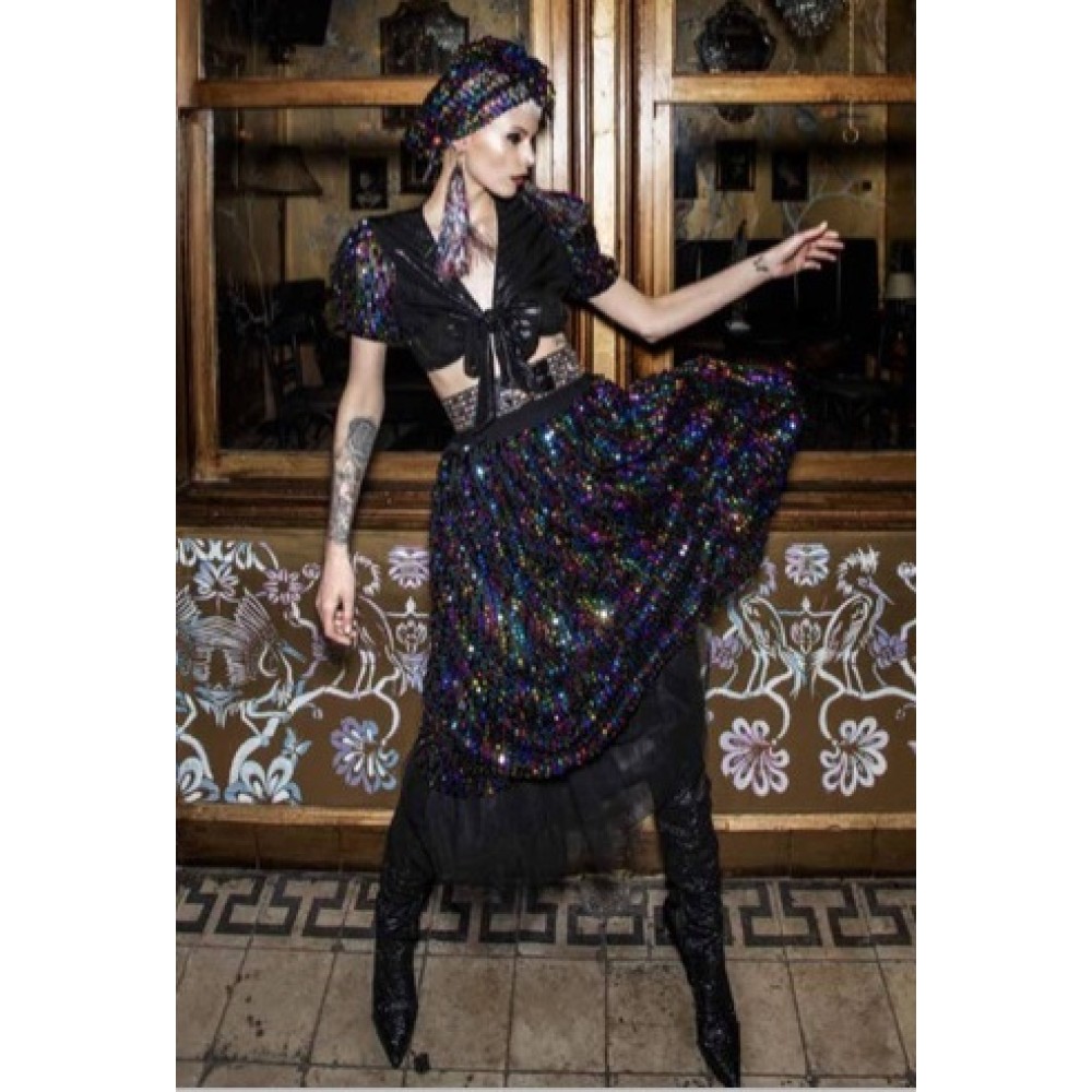 ΤΟΥΡΜΠΑΝ ΜΕ ΠΟΛΥΧΡΩΜΕΣ ΠΑΓΙΕΤΕΣ ΣΕ ΜΑΥΡΟ ΤΟΥΛΙ "ALEX KATSAITI X STYLISHIOUS"