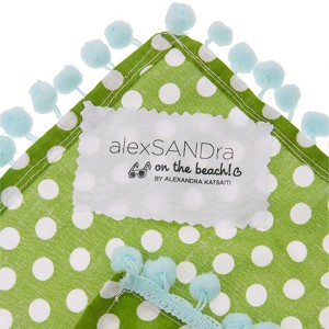PAREO - SCARF WITH MATCHING POUCH IN LIGHT GREEN WITH WHITE POLKA DOTS & POM-PONS "alexSANDra on the beach"